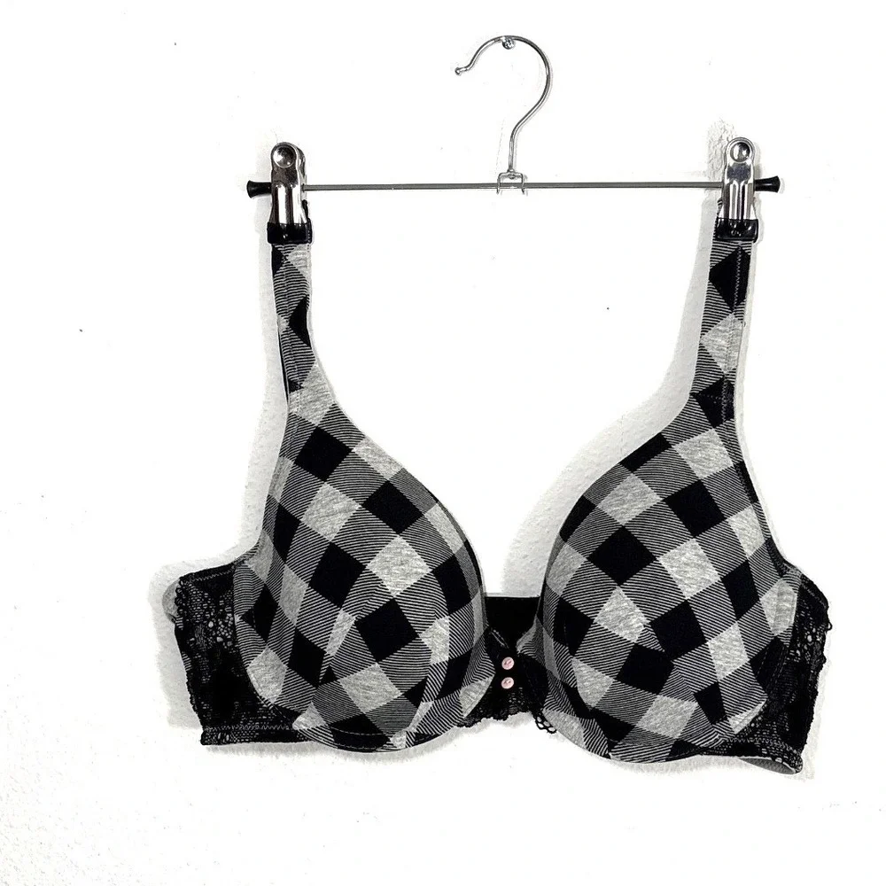 Cacique 38C Black Grey Buffalo Plaid T-Shirt Bra Lace Trim 1082926 Dark Academia